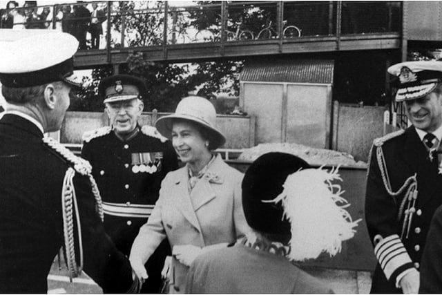 HM The Queen and Prince Philip arriving at Havant  en-route to HMS Dryad
Seen on Havant Station platform is HM The Queen and Prince Philip who were visiting HMS Dryad, Southwick. Photo: Ralph Cousins collection.