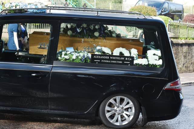 Cole's coffin arrives for the funeral service at St Joseph's RC Church in Bonnybridge. Pic: Michael Gillen
