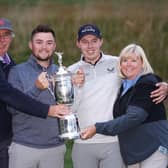 Matt Fitzpatrick celebrates his US Open win at Brookline with dad Russell, brother Alex and mum Sue. Picture: Warren Little/Getty Images.