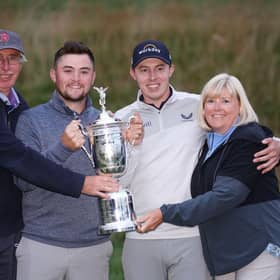 Matt Fitzpatrick celebrates his US Open win at Brookline with dad Russell, brother Alex and mum Sue. Picture: Warren Little/Getty Images.