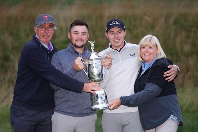 Matt Fitzpatrick celebrates his US Open win at Brookline with dad Russell, brother Alex and mum Sue. Picture: Warren Little/Getty Images.