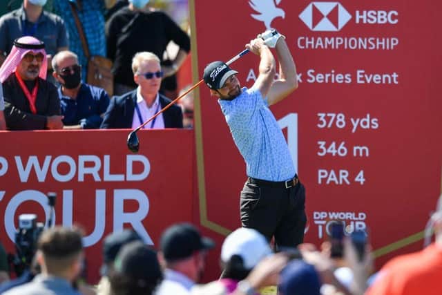 Watched by European Tour chief Keith Pelley, Scott Jamieson tees off in the final round of the Abu Dhabi HSBC Championship at Yas Links on Sunday. Picture: Ryan Lim/AFP via Getty Images.