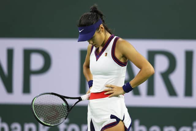 Emma Raducanu shows her dejection during her straight sets defeat to Aliaksandra Sasnovich at Indian Wells (Photo by Clive Brunskill/Getty Images)