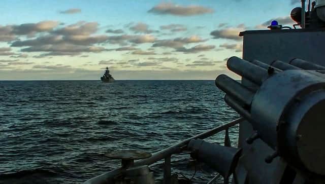 This handout video grab released by the Russian Defence Ministry on February 12, 2022 shows Russian warships during the Black sea naval exercises outside the Crimean port of Sevastopol. Picture, Getty