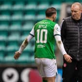 Hamilton manager Brian Rice shares his frustration with Hibs Martin Boyle at half-time after his defender, Jamie Hamilton, had been sent off for a challenge on the Easter Road goalscorer. Photo by Craig Williamson / SNS Group