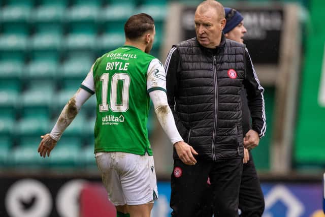 Hamilton manager Brian Rice shares his frustration with Hibs Martin Boyle at half-time after his defender, Jamie Hamilton, had been sent off for a challenge on the Easter Road goalscorer. Photo by Craig Williamson / SNS Group