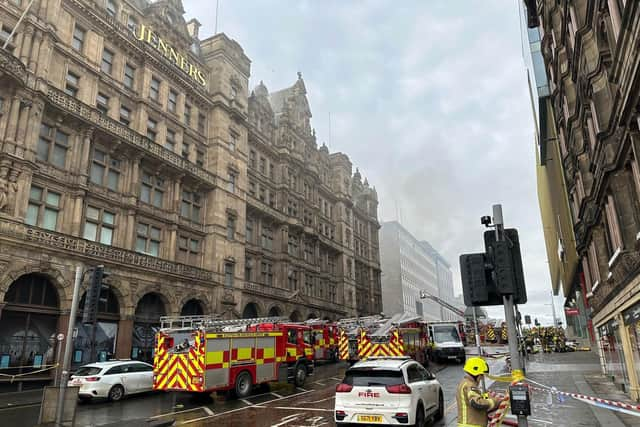 Firefighters tackle a blaze at the Jenners building in Edinburgh. The Scottish Fire and Rescue Service were called to fire at the former department store at 11.29am, and the building was found "well alight". A total of 10 fire appliances have been sent to the scene on Rose Street in the city centre.