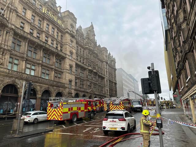 Firefighters tackle a blaze at the Jenners building in Edinburgh. The Scottish Fire and Rescue Service were called to fire at the former department store at 11.29am, and the building was found "well alight". A total of 10 fire appliances have been sent to the scene on Rose Street in the city centre.