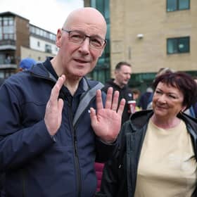 First Minister John Swinney joins candidate for the Hamilton, Larkhall and Stonehouse by-election Katy Loudon during the last weekend of the campaign. Picture: Jeff J Mitchell/Getty Images