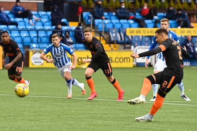 Rangers captain James Tavernier slots home from the penalty spot for his 10th goal of the season in the 1-0 win over Kilmarnock at Rugby Park. (Photo by Rob Casey / SNS Group)