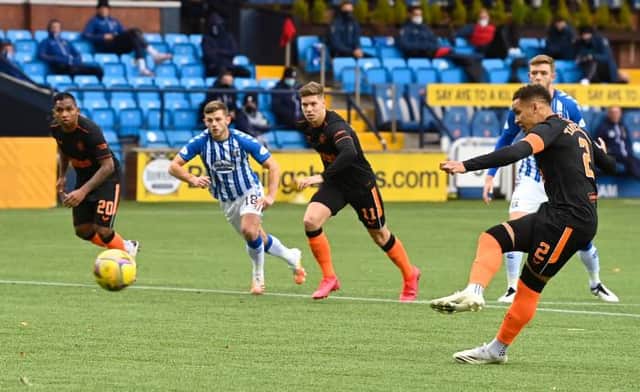 Rangers captain James Tavernier slots home from the penalty spot for his 10th goal of the season in the 1-0 win over Kilmarnock at Rugby Park. (Photo by Rob Casey / SNS Group)