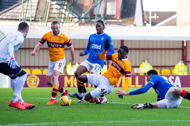 Devante Cole scores to make it 1-0 Motherwell during the Scottish Premiership match against Rangers at Fir Park (Photo by Craig Foy / SNS Group)