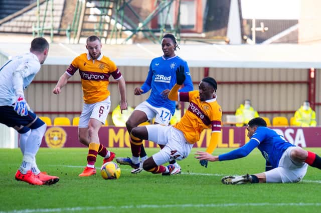 Devante Cole scores to make it 1-0 Motherwell during the Scottish Premiership match against Rangers at Fir Park (Photo by Craig Foy / SNS Group)