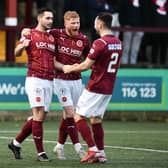 Thomas Orr celebrates opening the scoring for Stenhousemuir in League Two. (Picture Michael Gillen).