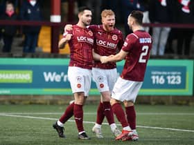 Thomas Orr celebrates opening the scoring for Stenhousemuir in League Two. (Picture Michael Gillen).