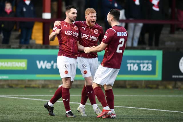 Thomas Orr celebrates opening the scoring for Stenhousemuir in League Two. (Picture Michael Gillen).