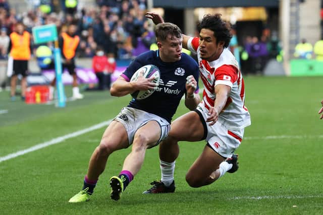 Darcy Graham scores a first half try for Scotland against Japan.  (Photo by Craig Williamson / SNS Group)