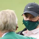 Rory McIlroy wears an Augusta National facemask on the penultimate practice day for this week's rescheduled Masters. Picture: Jamie Squire/Getty Images