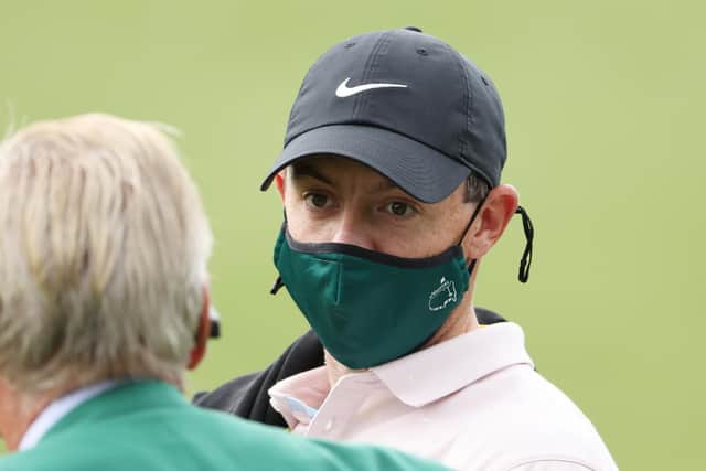 Rory McIlroy wears an Augusta National facemask on the penultimate practice day for this week's rescheduled Masters. Picture: Jamie Squire/Getty Images