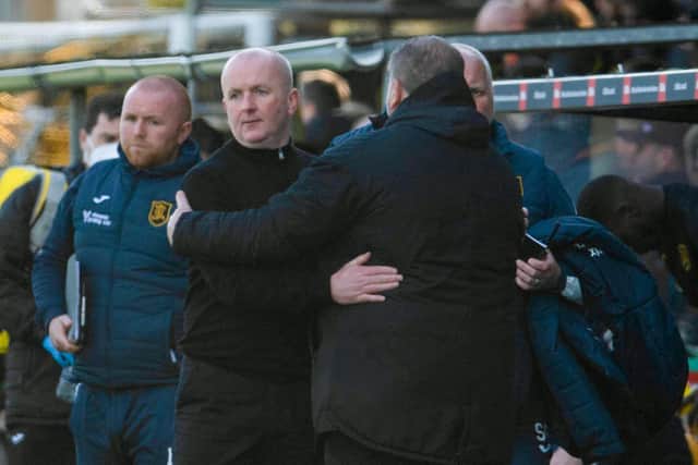 Livingston manager David Martindale (left) has questioned comments made by Celtic manager Ange Postecoglou about his side's artifical pitch. (Photo by Craig Foy / SNS Group)