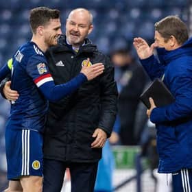 GLASGOW, SCOTLAND - OCTOBER 11: Scotland manager Steve Clarke at full time with Andy Robertson (left) during a Nations League match between Scotland and Slovakia at Hampden Park, on October 11 2020, in Glasgow, Scotland (Photo by Craig Williamson / SNS Group)