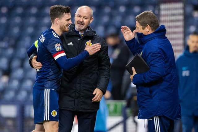 GLASGOW, SCOTLAND - OCTOBER 11: Scotland manager Steve Clarke at full time with Andy Robertson (left) during a Nations League match between Scotland and Slovakia at Hampden Park, on October 11 2020, in Glasgow, Scotland (Photo by Craig Williamson / SNS Group)