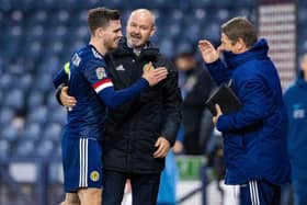 GLASGOW, SCOTLAND - OCTOBER 11: Scotland manager Steve Clarke at full time with Andy Robertson (left) during a Nations League match between Scotland and Slovakia at Hampden Park, on October 11 2020, in Glasgow, Scotland (Photo by Craig Williamson / SNS Group)