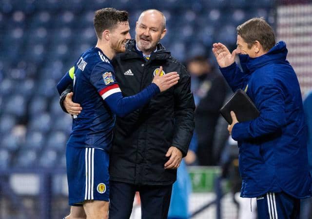GLASGOW, SCOTLAND - OCTOBER 11: Scotland manager Steve Clarke at full time with Andy Robertson (left) during a Nations League match between Scotland and Slovakia at Hampden Park, on October 11 2020, in Glasgow, Scotland (Photo by Craig Williamson / SNS Group)