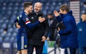 GLASGOW, SCOTLAND - OCTOBER 11: Scotland manager Steve Clarke at full time with Andy Robertson (left) during a Nations League match between Scotland and Slovakia at Hampden Park, on October 11 2020, in Glasgow, Scotland (Photo by Craig Williamson / SNS Group)