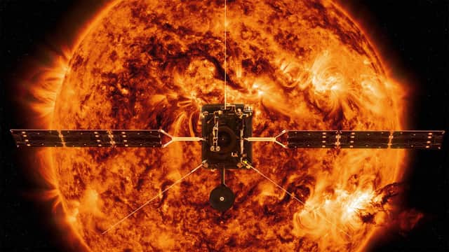 An artist impression of The Solar Orbiter in front of the Sun. The spacecraft, a European Space Agency probe designed and built in the UK, captured the closest ever images taken of the Sun during a close pass between the orbits of Venus and Mercuryt holder.