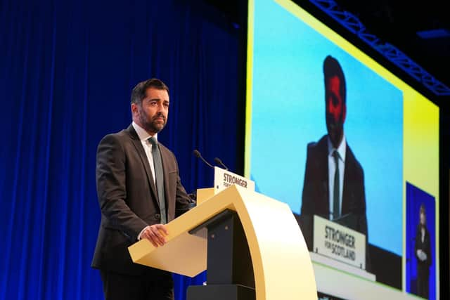 Scottish First Minister and SNP leader Humza Yousaf making his keynote speech during the party's conference in Aberdeen. Picture: Andrew Milligan/PA Wire