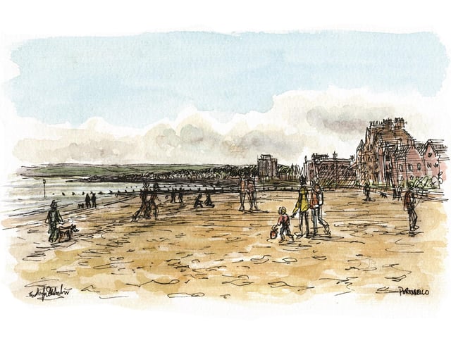 This sketch reminds me of a hot day in June. I headed to the beach at Portobello and sat on one of wooden sleepers that lead to the water's edge and drew my view. I can hear the seagulls, the dogs yapping and the waves crashing in as I look at this sketch. .