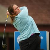 Milngavie's Lorna McClymont tees off in the opening round of the Scottish Women's Amateur Championship at Ladybank. Picture: Scottish Golf.