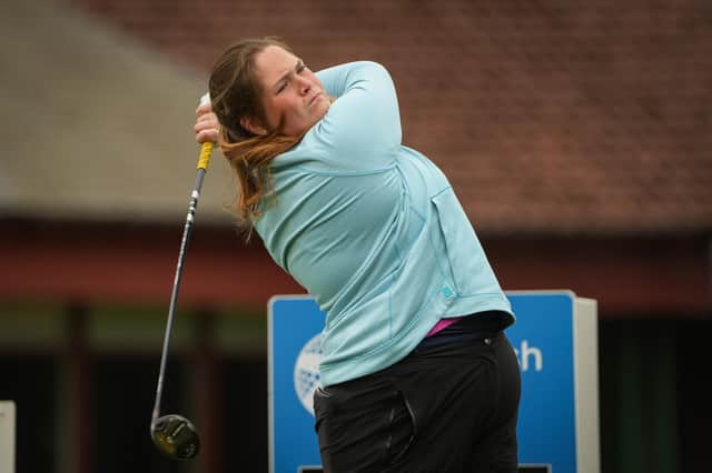 Milngavie's Lorna McClymont tees off in the opening round of the Scottish Women's Amateur Championship at Ladybank. Picture: Scottish Golf.