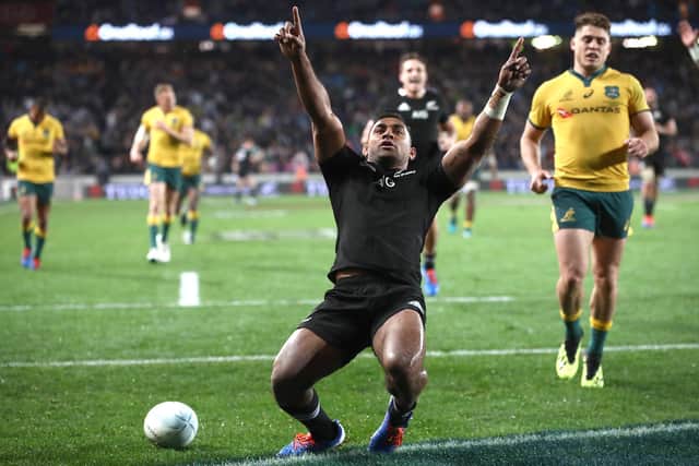 Sevu Reece of the All Blacks celebrates his try during last year's Bledisloe Cup Test match against Australia in Auckland.