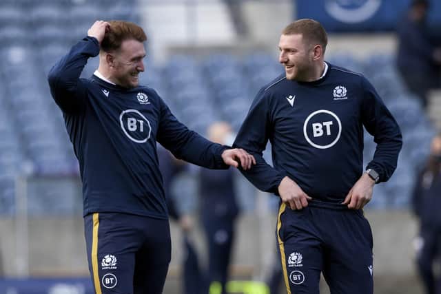 Stuart Hogg, left, will deputise at stand-off for Finn Russell should anything untoward happen to the Scotland fly-half against Ireland. Picture: Craig Williamson/SNS