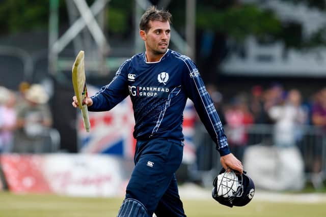 Calum MacLeod, pictured in action during the famous win over England at the Grange in 2018, has retired from international cricket.