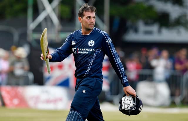 Calum MacLeod, pictured in action during the famous win over England at the Grange in 2018, has retired from international cricket.