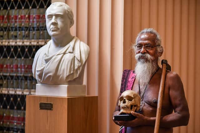 Wani Uruwarige, chief of the Sri Lankan Vedda people, attends a ceremony at the University of Edinburgh marking the return of nine human skulls it acquired over 100 years ago (Picture: Jeff J Mitchell/Getty Images)