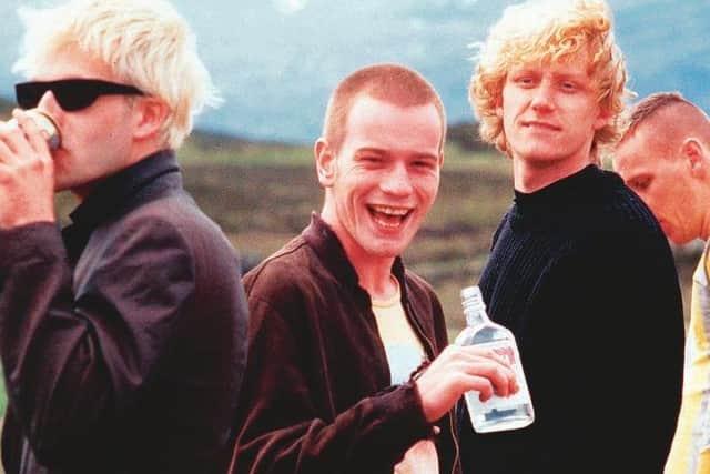 Jonny Lee Miller, Ewan McGregor, Kevin McKidd and Ewen Bremner on location in the Highlands during the filming of Trainspotting.