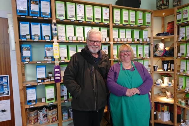 Peter May and Sabine at Hebridean Tea Store