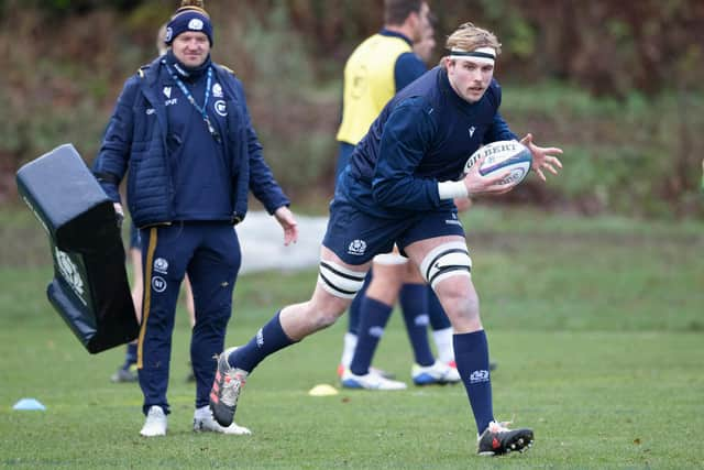 Coach Gregor Townsend watches Jonny Gray in training at Oriam. Picture: Craig Williamson / SNS