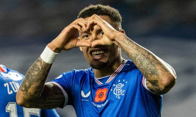 Rangers James Tavernier celebrates after scoring to make it 8-0 during the Scottish Premiership match between Rangers and Hamilton at Ibrox Stadium on November 08, 2020, in Glasgow, Scotland. (Photo by Alan Harvey / SNS Group)