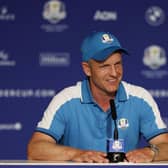 Luke Donald, captain of Team Europe speaks in a press conference following the Friday afternoon fourball matches in the Ryder Cup in Rome. Picture: Jamie Squire/Getty Images.