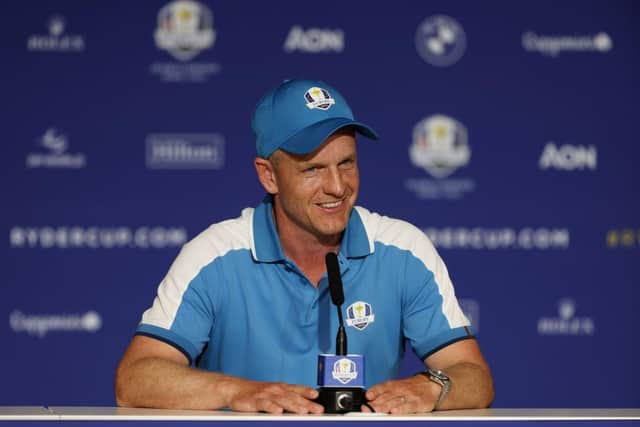 Luke Donald, captain of Team Europe speaks in a press conference following the Friday afternoon fourball matches in the Ryder Cup in Rome. Picture: Jamie Squire/Getty Images.