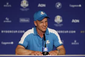Luke Donald, captain of Team Europe speaks in a press conference following the Friday afternoon fourball matches in the Ryder Cup in Rome. Picture: Jamie Squire/Getty Images.