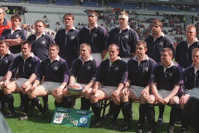 Scotland line up before the match against France in Paris in 1999. It was the first time the Scots had played at the Stade de France which had been built for the previous year's football World Cup. The visitors produced a stunning performance, particularly in the first half when they scored five tries, and eventually won 36-22. The victory, combined with England's defeat by Wales at Wembley the following day, saw Scotland crowned Five Nations champions.