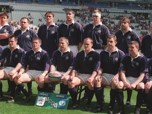 Scotland line up before the match against France in Paris in 1999. It was the first time the Scots had played at the Stade de France which had been built for the previous year's football World Cup. The visitors produced a stunning performance, particularly in the first half when they scored five tries, and eventually won 36-22. The victory, combined with England's defeat by Wales at Wembley the following day, saw Scotland crowned Five Nations champions.