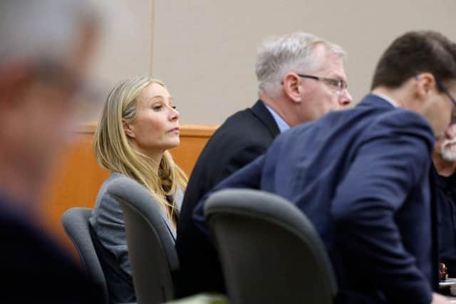 Actress Gwyneth Paltrow sits in court in Park City, Utah. Terry Sanderson is suing the actress for $300,000, claiming she recklessly crashed into him while the two were skiing on a beginner run at Deer Valley Resort in 2016.