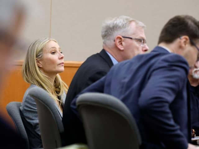 Actress Gwyneth Paltrow sits in court in Park City, Utah. Terry Sanderson is suing the actress for $300,000, claiming she recklessly crashed into him while the two were skiing on a beginner run at Deer Valley Resort in 2016.